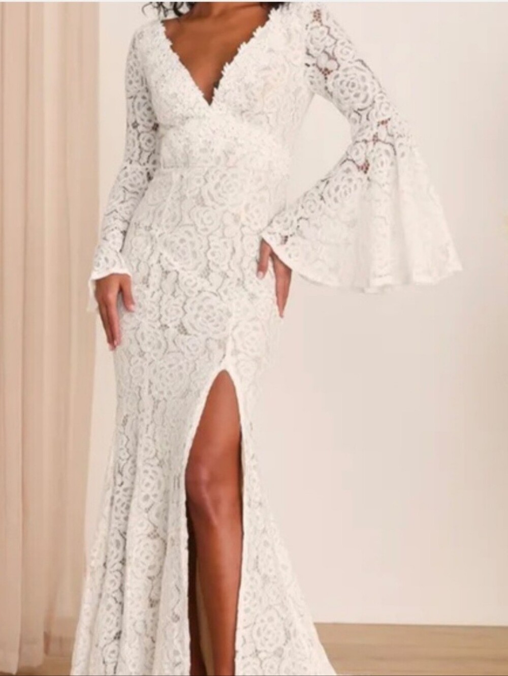 Lulus Duchess Ivory Lace Bell-Sleeve V-Neck Maxi Dress Size M